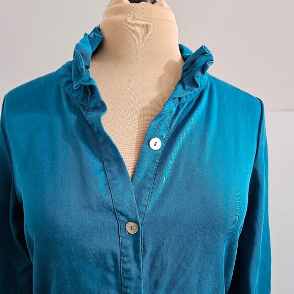 Soft Surroundings Teal Ruffle Collar Button Front Tunic Top Button Back Detail S - Picture 7 of 11
